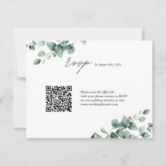 Greenery Eucalyptus script QR code bruiloft RSVP Kaartje (Voorkant)