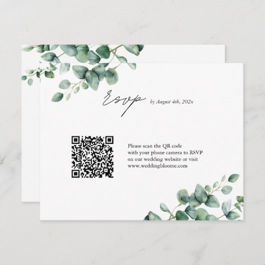 Greenery Eucalyptus script QR code bruiloft RSVP Kaartje (Voorkant / Achterkant)