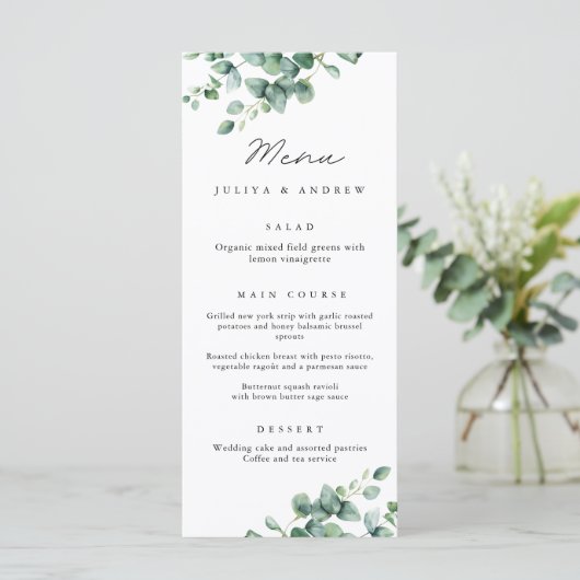 Greenery Eucalyptus script Wedding Menu kaart (Staand voorkant)