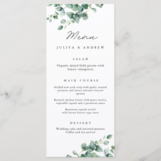 Greenery Eucalyptus script Wedding Menu kaart (Voorkant)