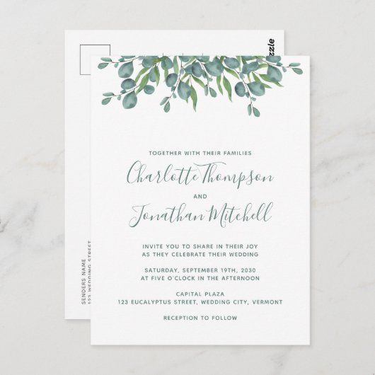 Greenery Eucalyptus Simple Wedding Invitation Briefkaart (Voorkant / Achterkant)