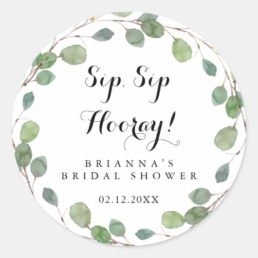 Greenery Eucalyptus Sip Sip Hooray Vrijgezellenfee Ronde Sticker (Voorkant)
