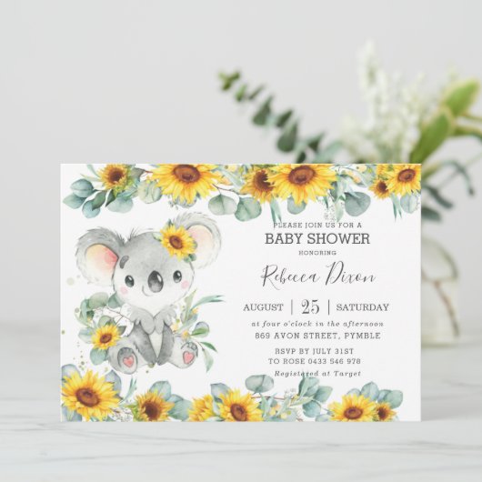 Greenery Eucalyptus Sunflower Koala Baby shower Kaart (Staand voorkant)