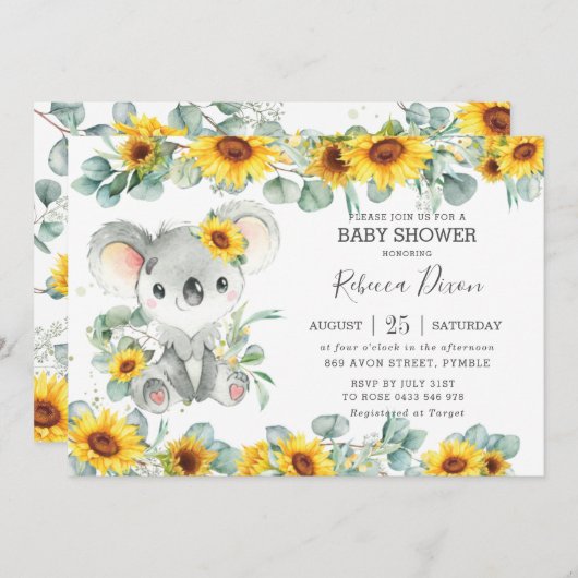 Greenery Eucalyptus Sunflower Koala Baby shower Kaart (Voorkant / Achterkant)