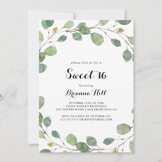 Greenery Eucalyptus Sweet 16 Birthday Party Kaart (Voorkant)