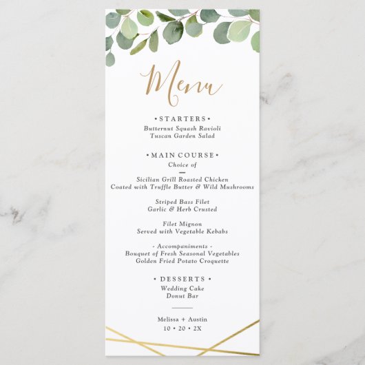 Greenery Eucalyptus w/Gold Geometric Lijst Wedding Menu (Voorkant)