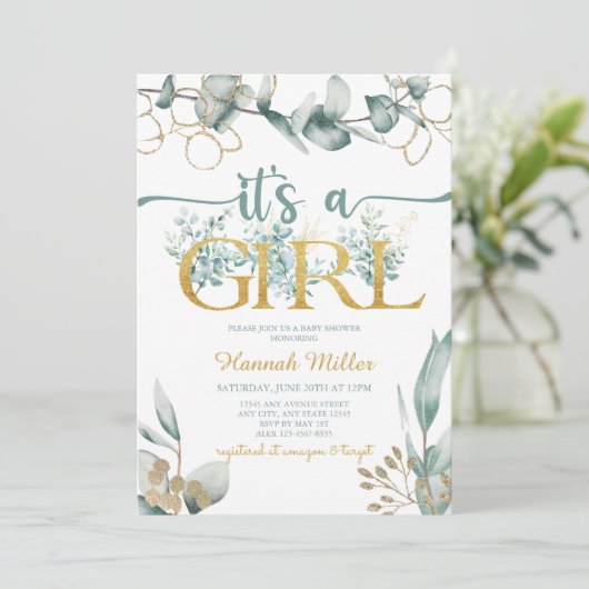 Greenery Eucalyptus | Waterverf Baby shower Girl Kaart (Staand voorkant)