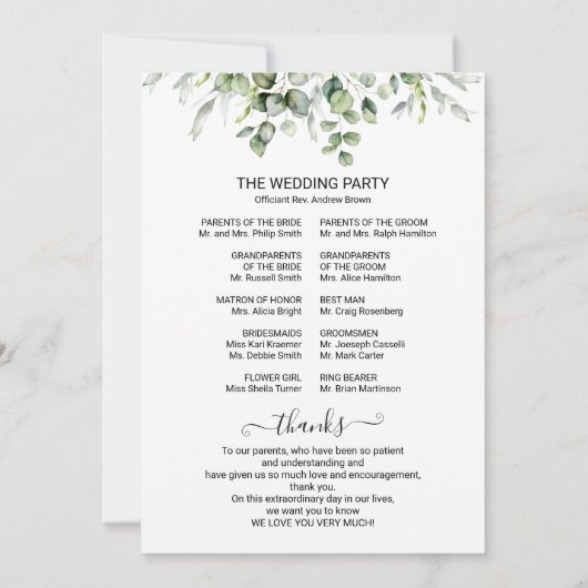 Greenery Eucalyptus Waterverf Wedding Programme Kaart (Achterkant)