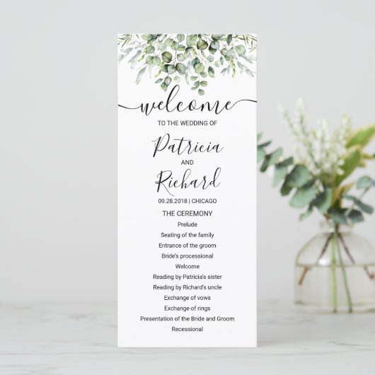 Greenery Eucalyptus Waterverf Wedding Programme Programmakaart (Staand voorkant)