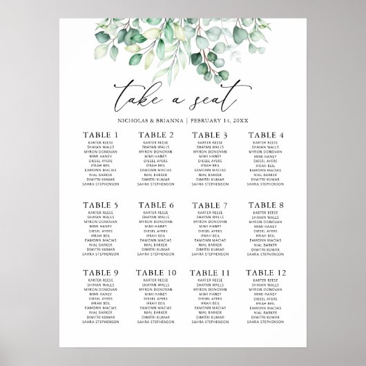 Greenery Eucalyptus Wedding 12 Table Seating Chart Poster (Voorkant)