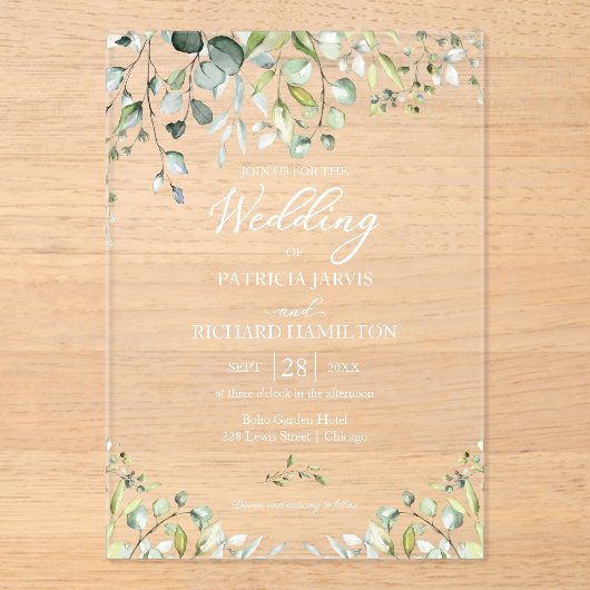Greenery Eucalyptus Wedding Acryl Uitnodigingen (Voorkant)