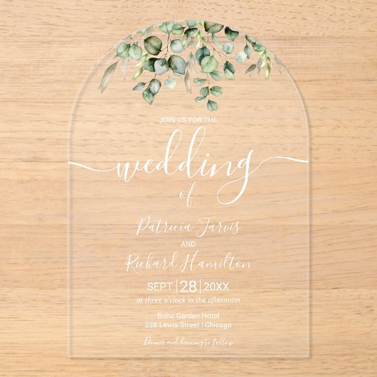 Greenery Eucalyptus Wedding Acryl Uitnodigingen (Voorkant)