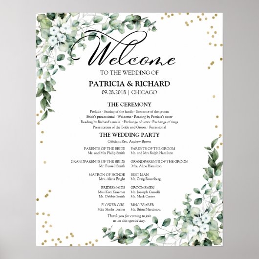 Greenery Eucalyptus Wedding Ceremony Program Sign Poster (Voorkant)