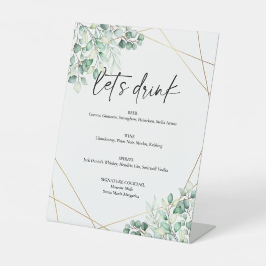 Greenery Eucalyptus Wedding Drink Bar Menu Reclamebord Met Voetstuk (Voorkant)