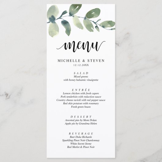 Greenery Eucalyptus Wedding Elopement Dinner Menu (Voorkant)