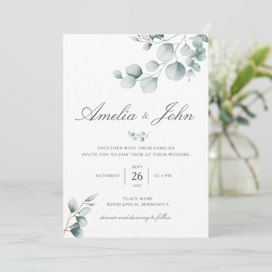 Greenery Eucalyptus Wedding Invitation Kaart (Staand voorkant)