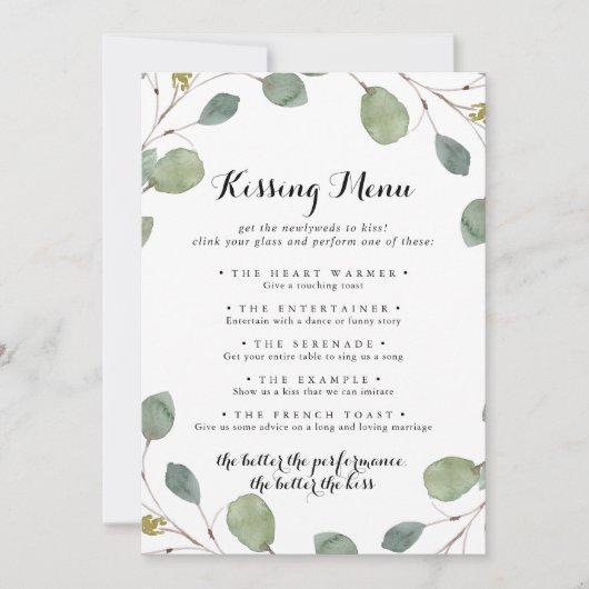 Greenery Eucalyptus Wedding Kissing Menu Game Kaar (Voorkant)