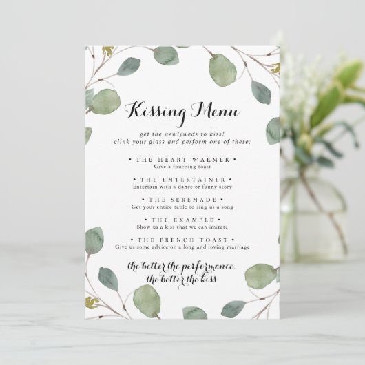 Greenery Eucalyptus Wedding Kissing Menu Game Kaar (Staand voorkant)