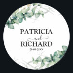 Greenery Eucalyptus Wedding Ronde Sticker<br><div class="desc">Maak je klaar om te worden betoverd door onze adembenemende groene trouwsuite! Met prachtige illustraties van eucalyptusbladeren en aangevuld met opvallende elegante kalligrafie, is deze suite de ultieme finishing touch voor uw betoverende bruiloft met een tuinthema. Als je op zoek bent naar iets extra's of een speciaal verzoek in gedachten...</div>