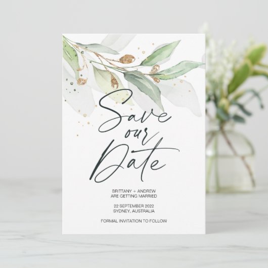 Greenery Eucalyptus Wedding Save the Date Invite Kaart (Staand voorkant)