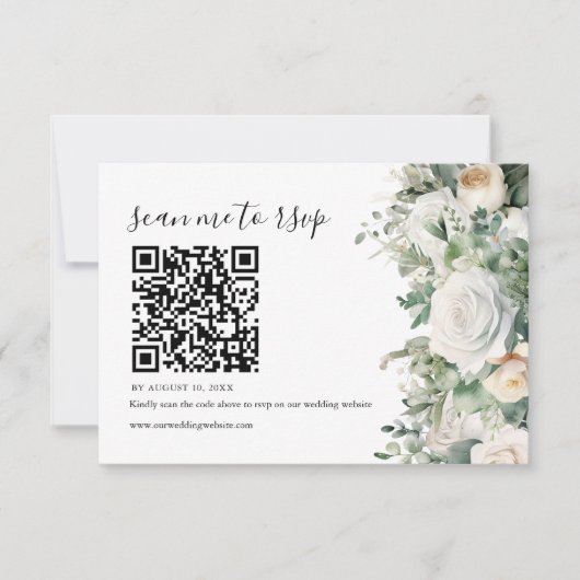 Greenery Eucalyptus White Rose Wedding QR-code RSVP Kaartje (Voorkant)