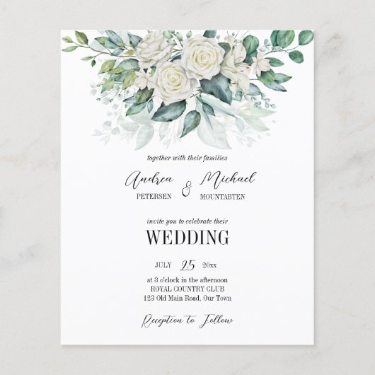 Greenery eucalyptus white roses trouwuitnodiging (Voorkant)