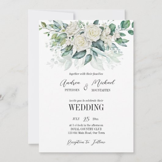 Greenery eucalyptus white roses trouwuitnodiging kaart (Voorkant)