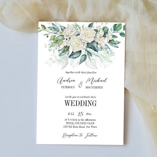 Greenery eucalyptus white roses trouwuitnodiging kaart