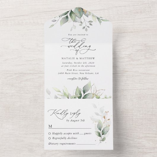 Greenery, Eucalyptusbladeren, botanische bruiloft All In One Uitnodiging (Binnen)