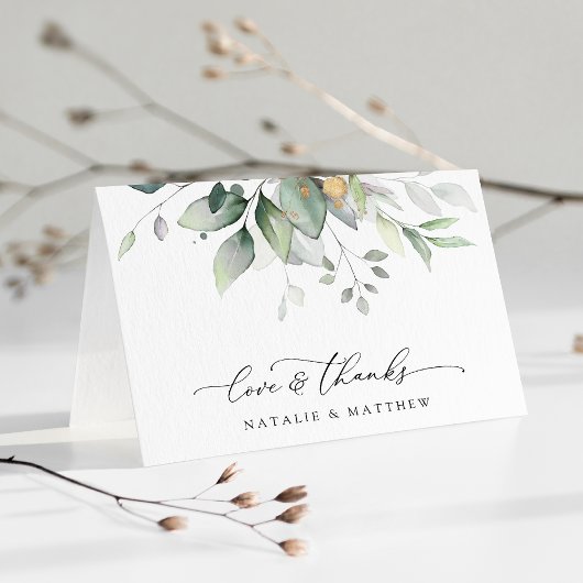 Greenery, Eucalyptusbladeren, botanische bruiloft Bedankkaart