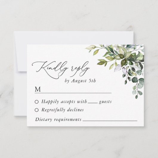 Greenery, Eucalyptusbladeren, botanische bruiloft RSVP Kaartje (Voorkant)