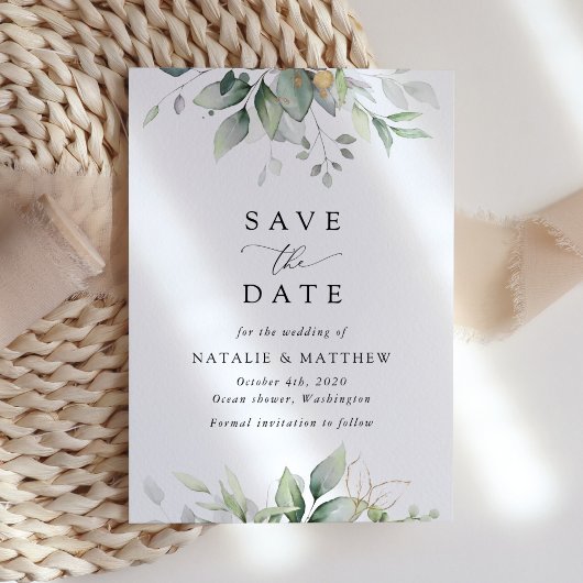 Greenery, Eucalyptusbladeren, botanische bruiloft Save The Date