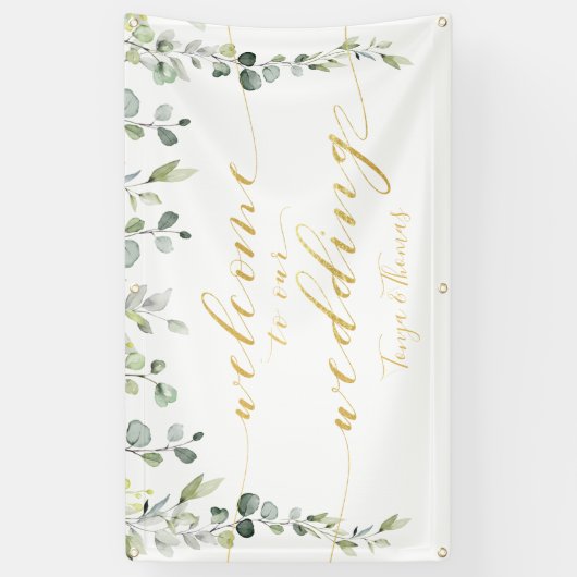 Greenery & Fancy Gold Calligraphy Welcome Wedding Spandoek (Verticaal)