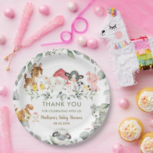 Greenery Farm Animals Birthday Baby shower  Papieren Bordje (Feest)
