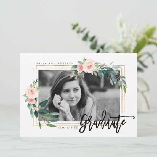 Greenery Faux Gold Blush Foto afstuderen Kaart (Staand voorkant)