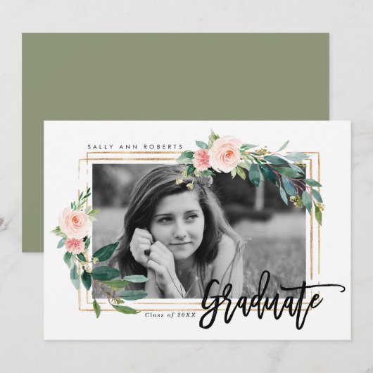 Greenery Faux Gold Blush Foto afstuderen Kaart (Voorkant / Achterkant)