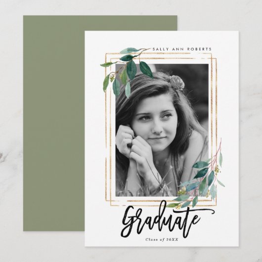 Greenery Faux Gold lijst Foto afstuderen Kaart (Voorkant / Achterkant)