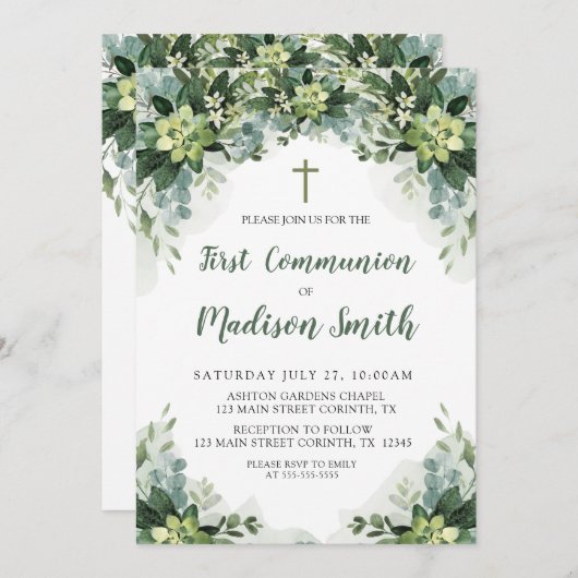 Greenery First Communion Invitation Kaart (Voorkant / Achterkant)