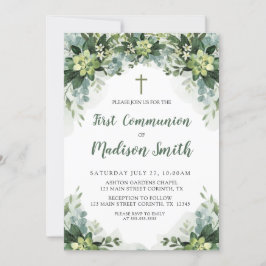 Greenery First Communion Invitation Kaart