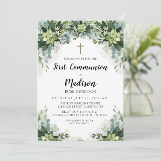 Greenery First Communion Invitation Kaart (Staand voorkant)