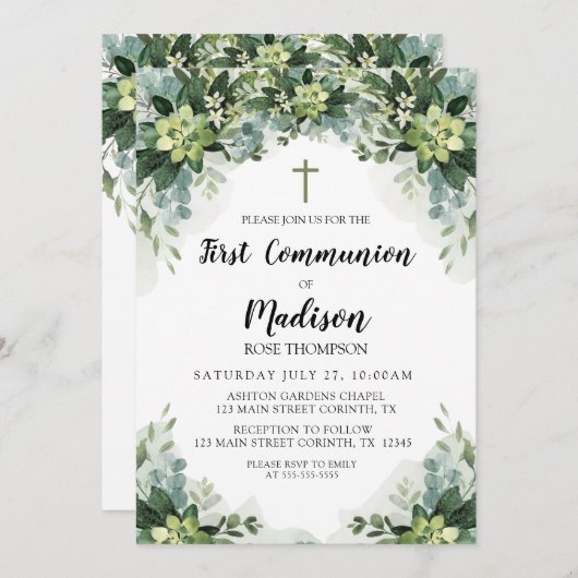 Greenery First Communion Invitation Kaart (Voorkant / Achterkant)
