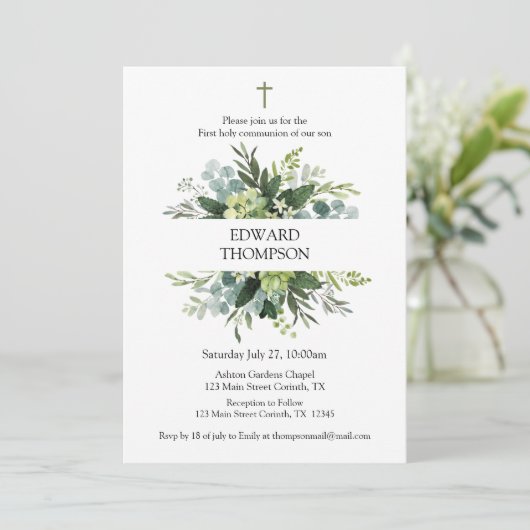 Greenery First Communion Invitation Kaart (Staand voorkant)