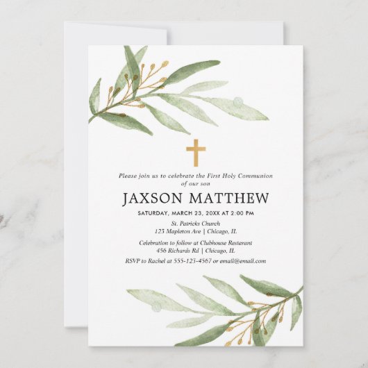 Greenery first holy communy green gold leaves kaart (Voorkant)