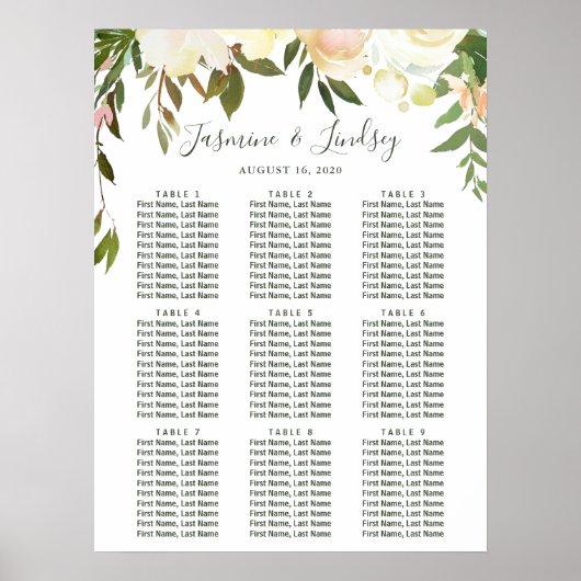 Greenery Floral 9 Tables Wedding Seding Chart Poster (Voorkant)