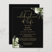 Greenery Floral Black And Gold Celebration of Life Aankondigingskaart (Voorkant / Achterkant)