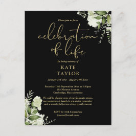 Greenery Floral Black And Gold Celebration of Life Aankondigingskaart