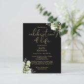 Greenery Floral Black And Gold Celebration of Life Aankondigingskaart (Staand voorkant)
