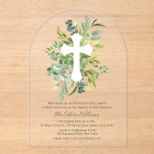 Greenery Floral Botanical Cross Baptisme Acryl Uitnodigingen (Voorkant)