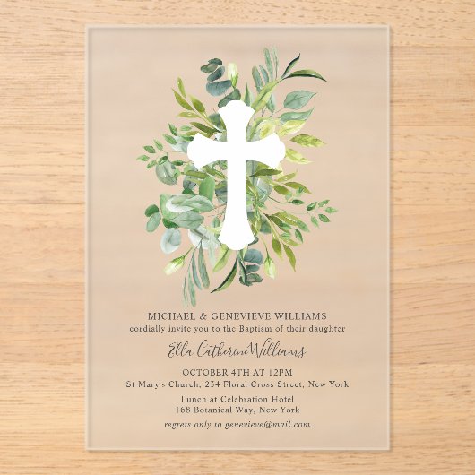 Greenery Floral Botanical Cross Baptisme Acryl Uitnodigingen (Voorkant)