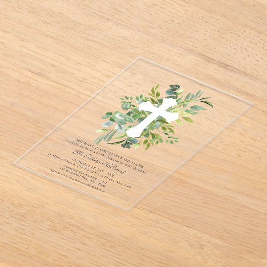 Greenery Floral Botanical Cross Baptisme Acryl Uitnodigingen (Laagn)
